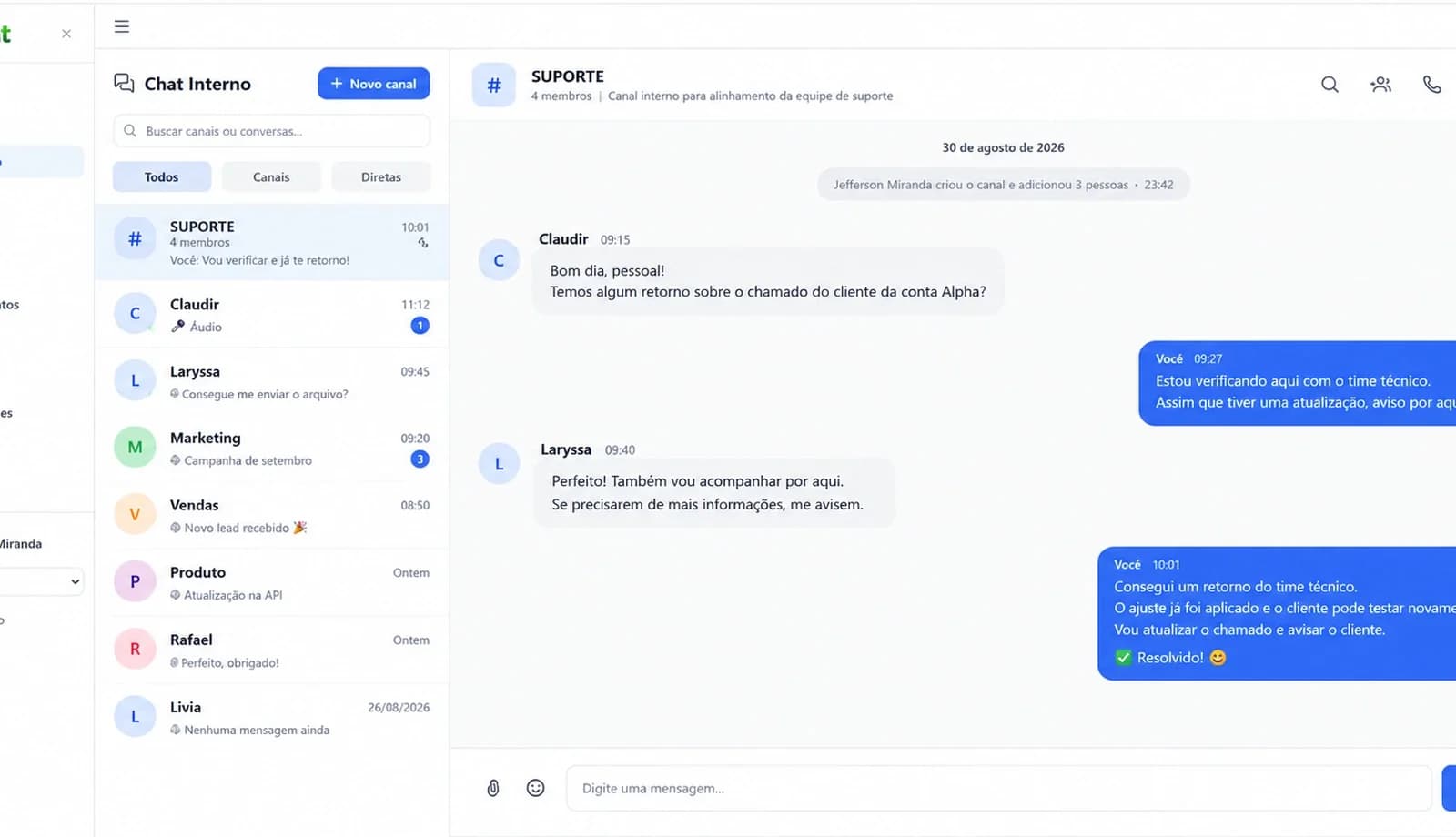 Chat interno do izichat para comunicação entre a equipe