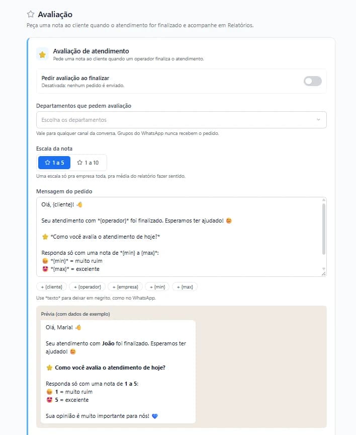 Tela de configuração da avaliação de atendimento do izichat, com departamentos, escala da nota, mensagem personalizada e prévia no WhatsApp