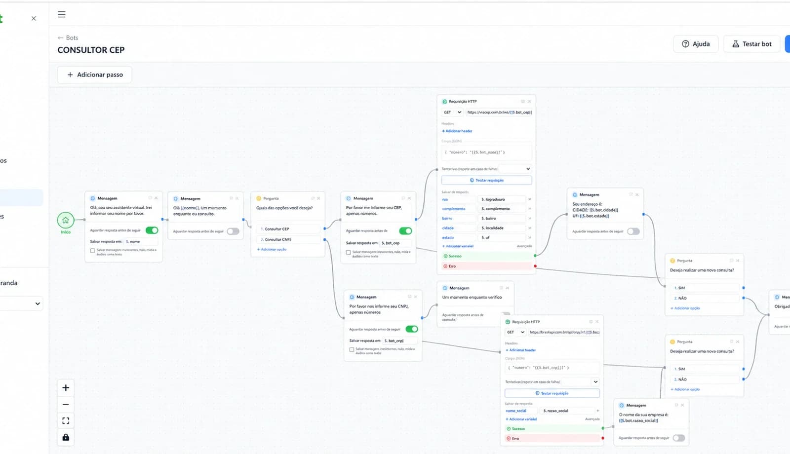Configuração de fluxo de bot de atendimento no izichat